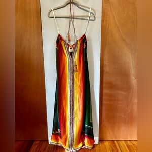 FARM Rio stunning silk maxi halter dress with rope neck tie; women’s sz medium